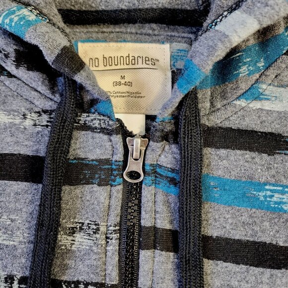 NO BOUNDARIES Men's Hoodie Medium Y2K Full Zip Gray Blue-Green Striped - Picture 3 of 13